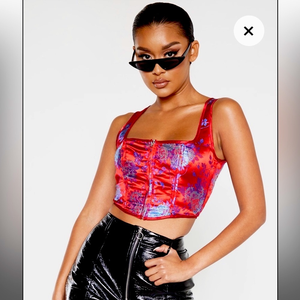 ❤️PLT Red Satin Floral Print Corset crop top Size Medium